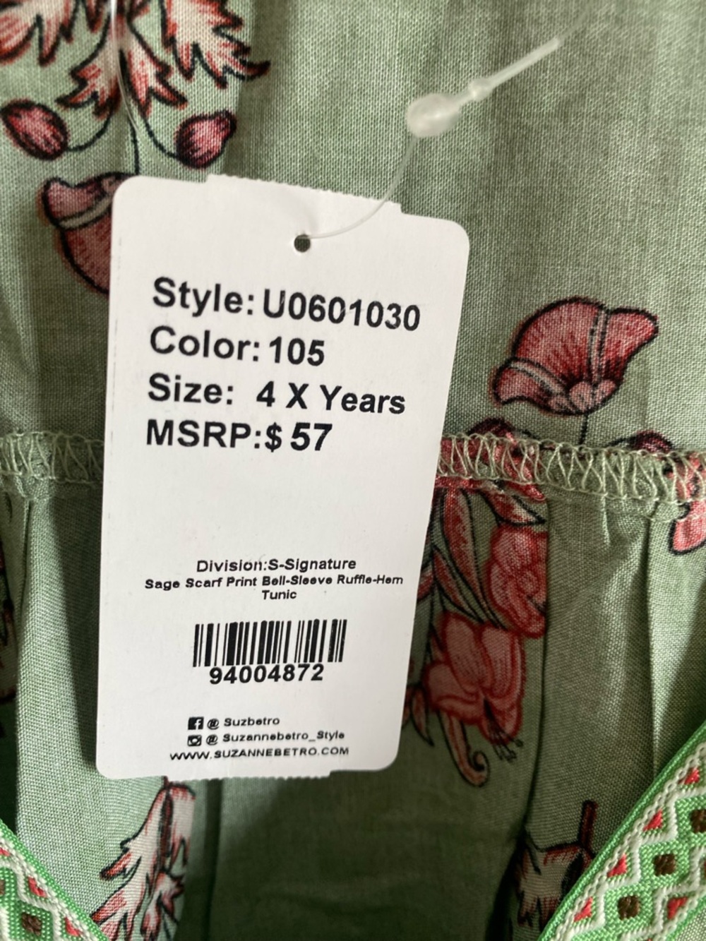 Suzanne Betro Mint Floral V-Neck Boho Tunic - Picture 3 of 11